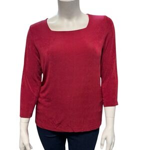 CHICO'S Travelers Top Size 2 US L Slinky Knit Cranberry 3/4 Sleeves Square Neck
